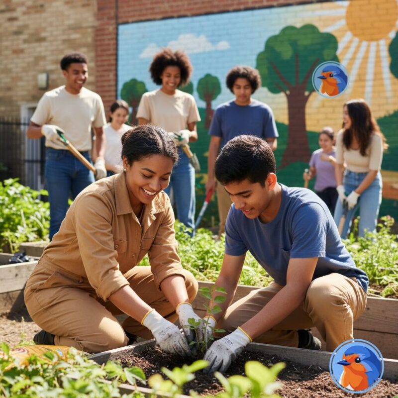 Young adult mentor guiding a teenager during an outdoor community engagement project
