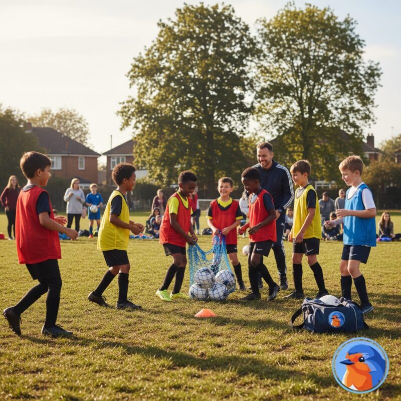 Youth football team unpacking new training equipment secured through local grants