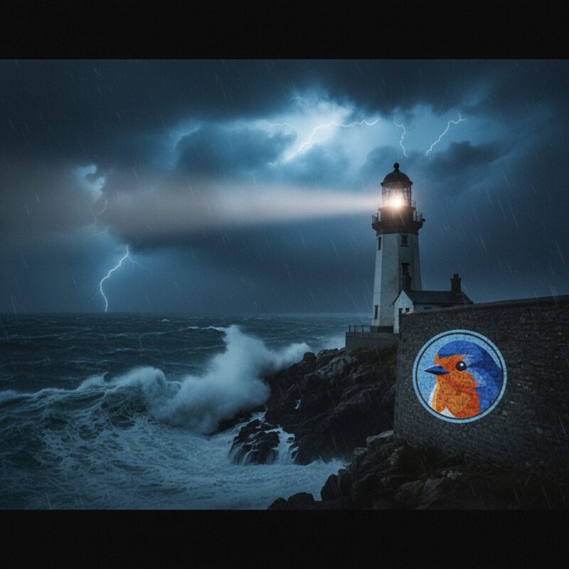 Bright lighthouse beam cutting through a dark ocean storm in deep blue and white tones