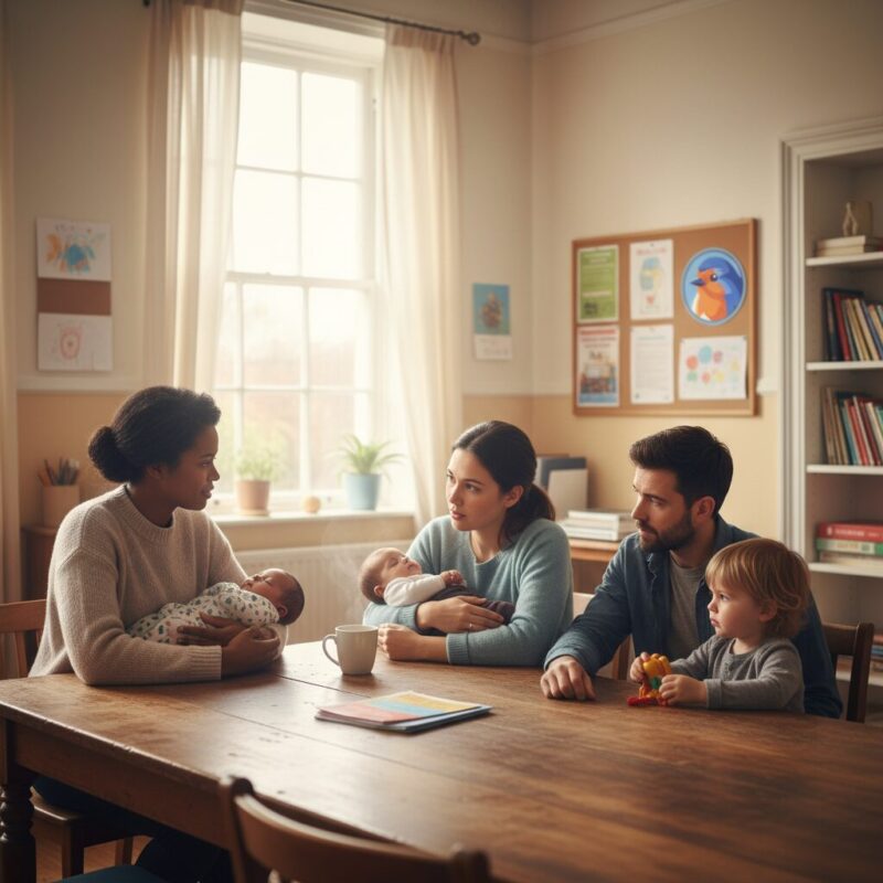 Charity worker consulting with a family about welfare grants in a community center