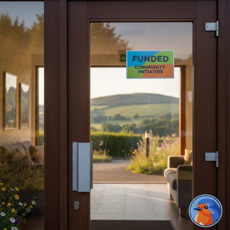 Community center door in Surrey with a Funded sticker
