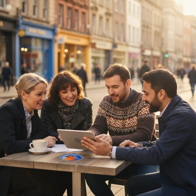 Community leaders in Belfast city center reviewing grant opportunities on a tablet