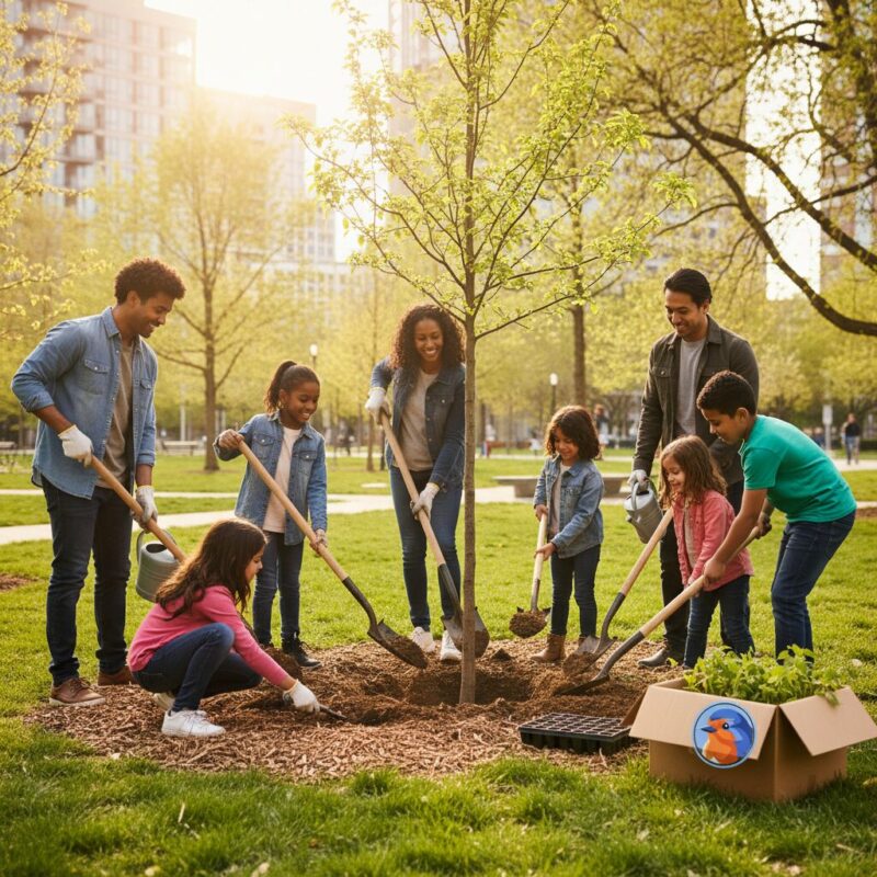 Community members enjoying a green urban park space