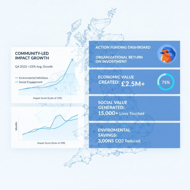 Data visualization interface showing ESG metrics and return on investment for community grants