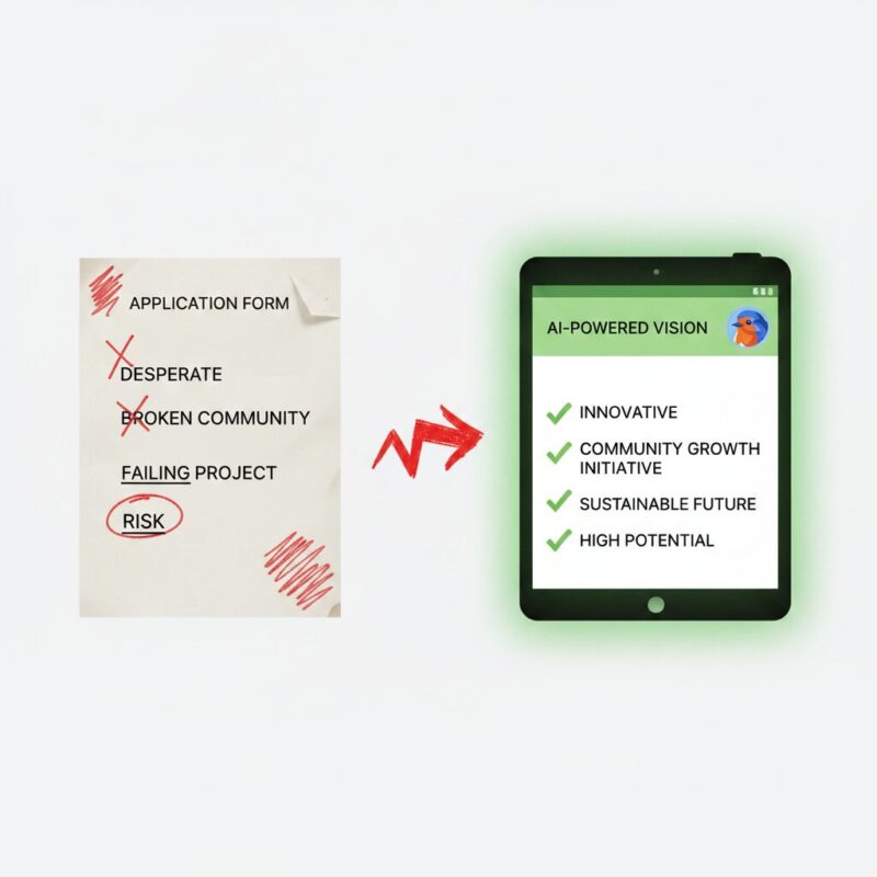 Diagram showing red-penciled grant application mistakes transitioning to a clean AI-assisted proposal