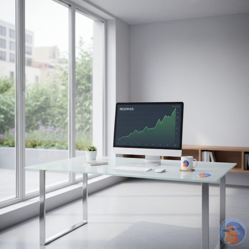 Digital dashboard displaying green financial reserves chart in a modern high-end office setting