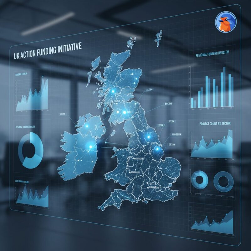Digital dashboard map of the UK highlighting action funding project density and grant distribution