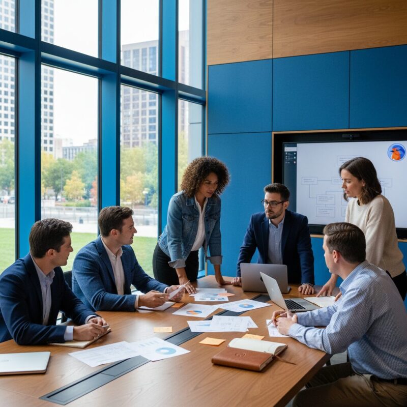 Diverse board members collaborating around a warm wood table in a modern community space
