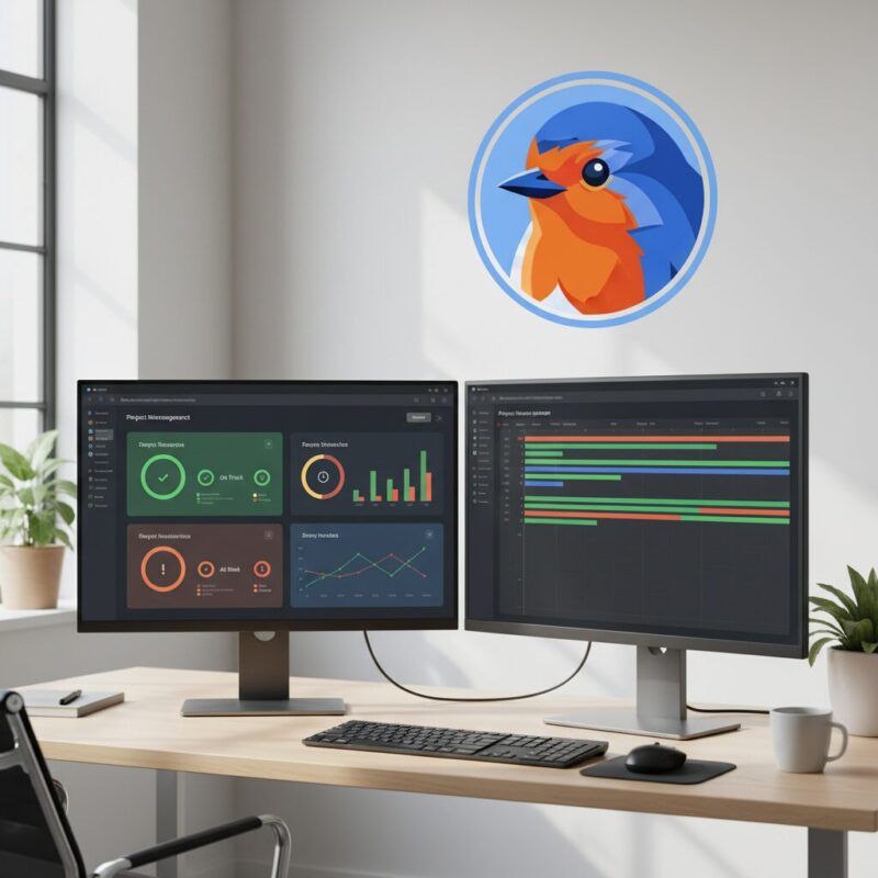 Dual monitor workspace displaying a smart grant management dashboard with visual urgency indicators