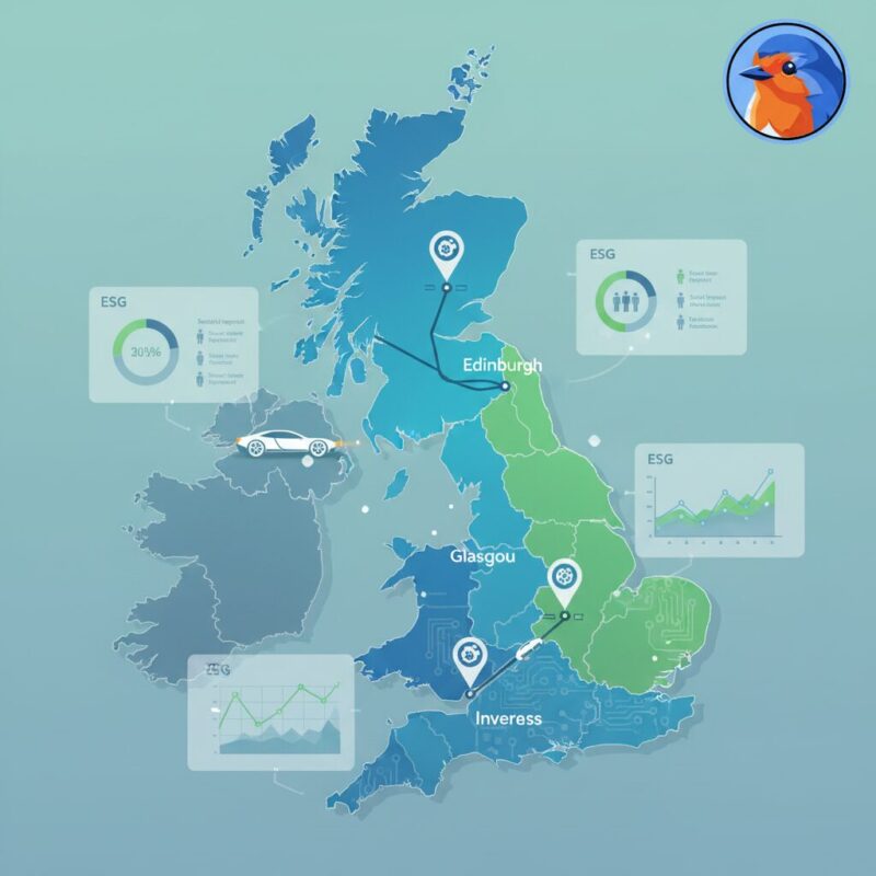 ESG reporting charts layered over a map of the UK highlighting regional hubs