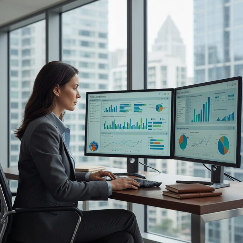 Executive finance director reviewing structured compliance data on dual monitors