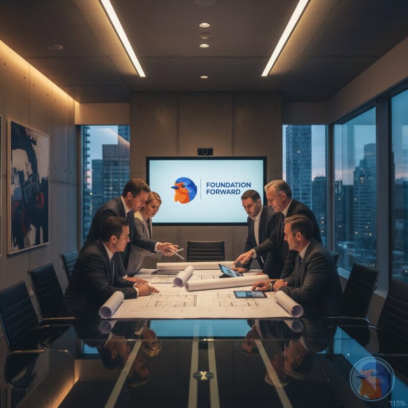 Executive team reviewing architectural plans representing strategic fiscal sponsor foundation