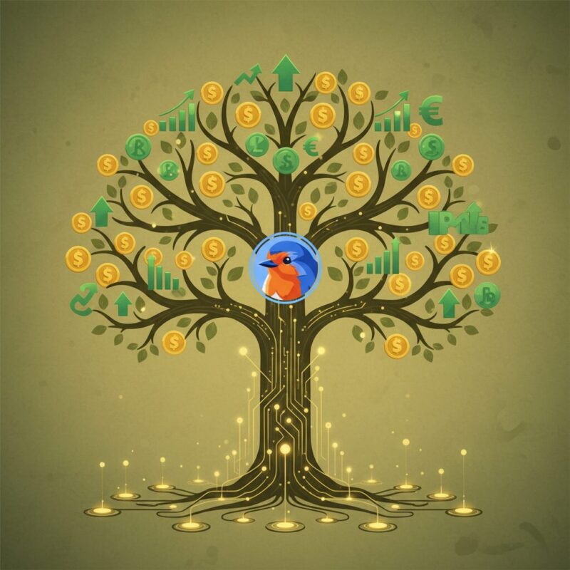 Family tree illustration with gold coins and green funding symbols representing foundation grants