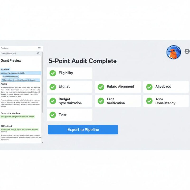 Final audit dashboard showing 5-point verification checklist and export options
