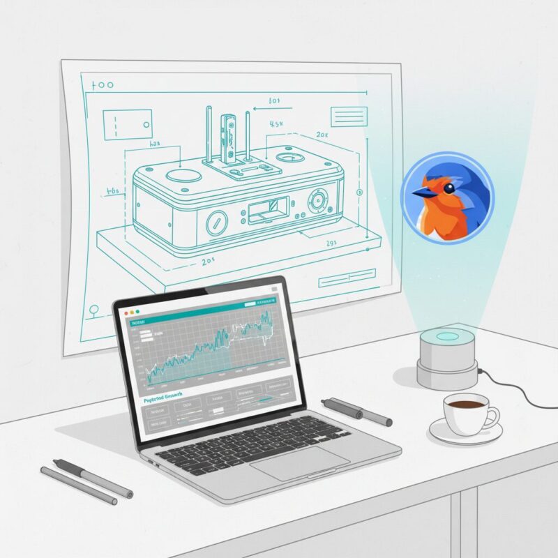 Financial forecasting matrix and R&D budget displayed on a laptop alongside product blueprints
