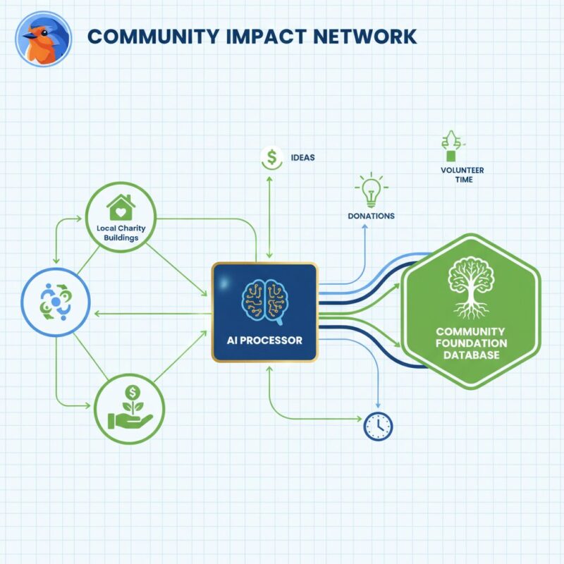 Flowchart showing AI processing local charity data for community foundation reporting compliance