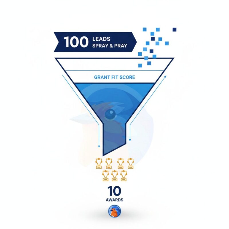 Funnel diagram showing the transition from 100 unqualified grant leads to 10 targeted awards using a Grant Fit Score