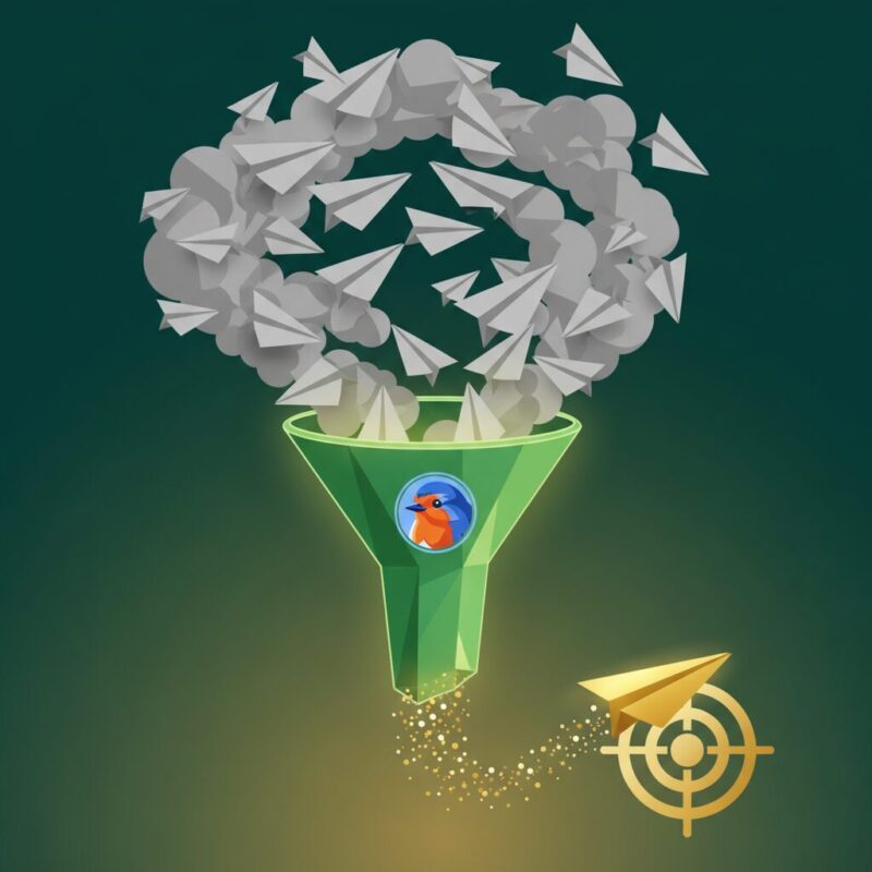 Funnel illustration showing gray paper airplanes being filtered into a single targeted gold airplane