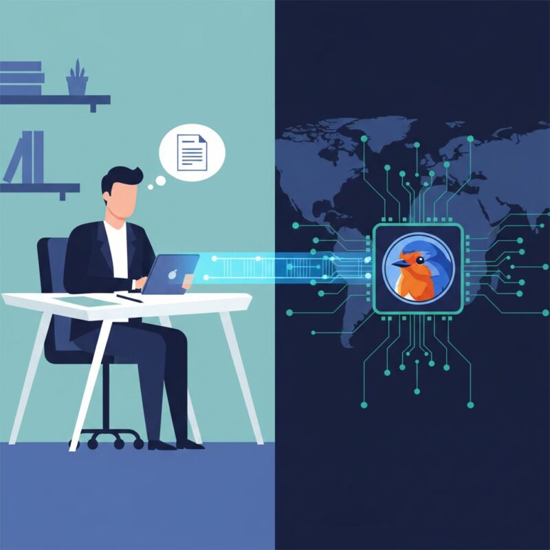 Human grant writer collaborating seamlessly with an AI data processing interface