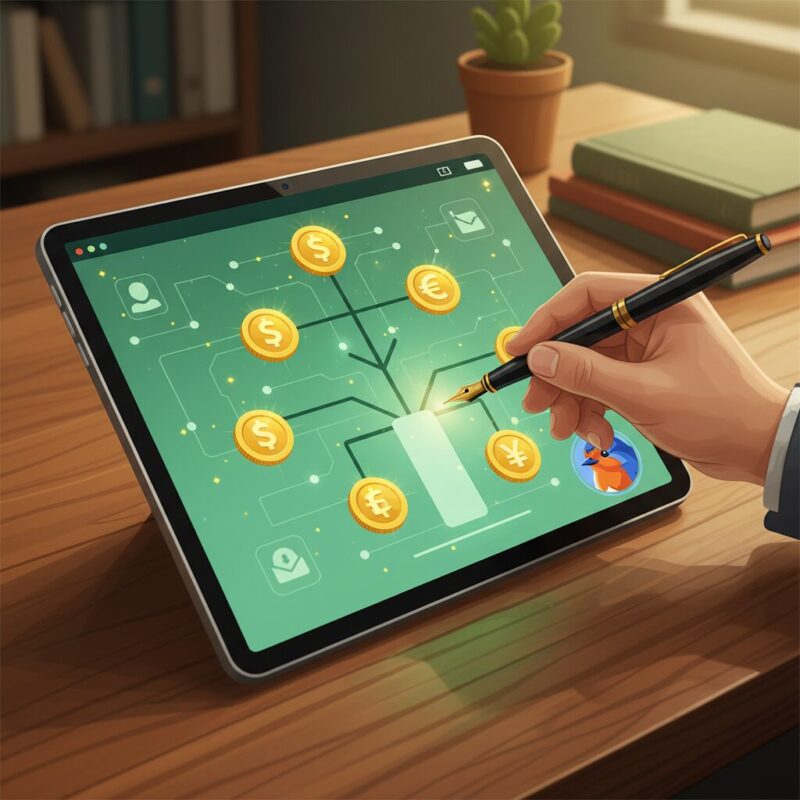 Human hand holding a pen interacting with a digital tablet displaying funding data