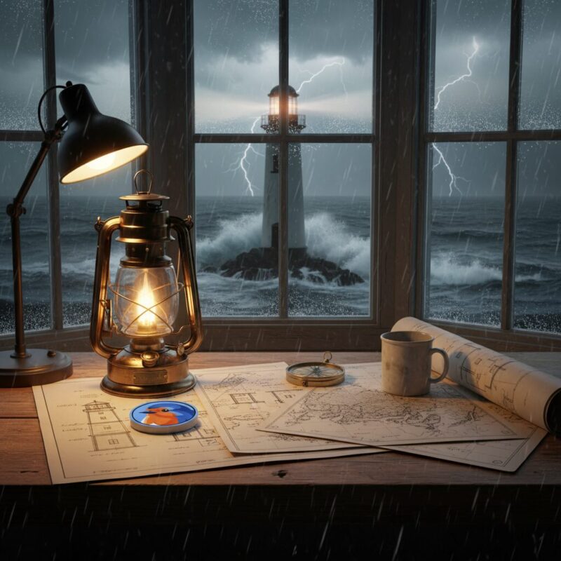 Illuminated desk with charts and blueprints inside a lighthouse during a storm