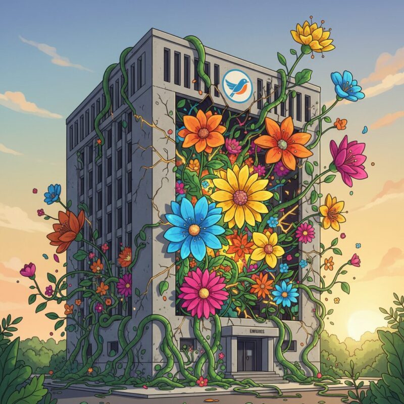 Illustration of a grey office building opening up to reveal a colorful secret garden