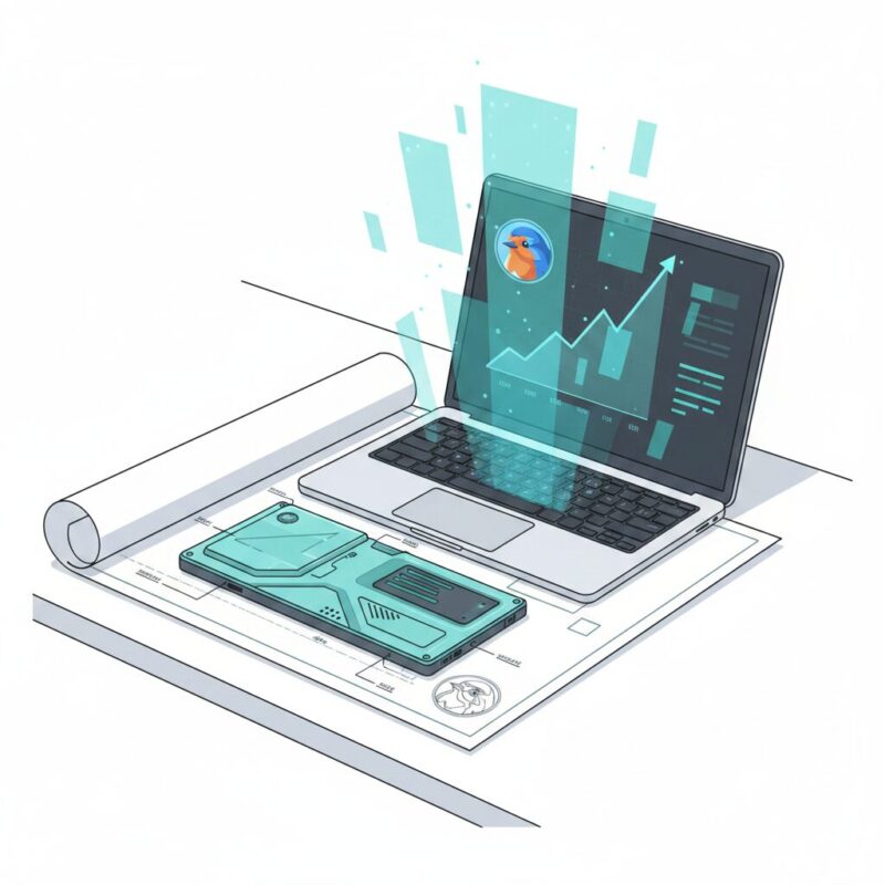 Illustration of a sole trader workspace with a blueprint and digital graphs projecting business growth
