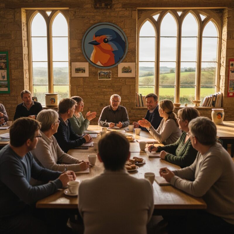 Local volunteers discussing capacity-building strategies in a bright Wiltshire community hall