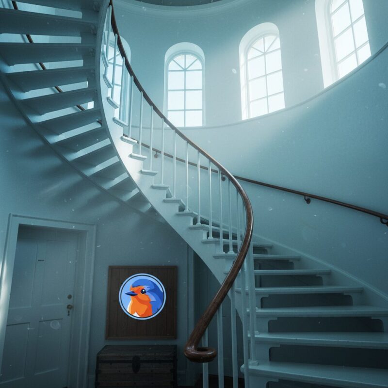 Looking up a pristine white spiral staircase inside a lighthouse with bright natural light
