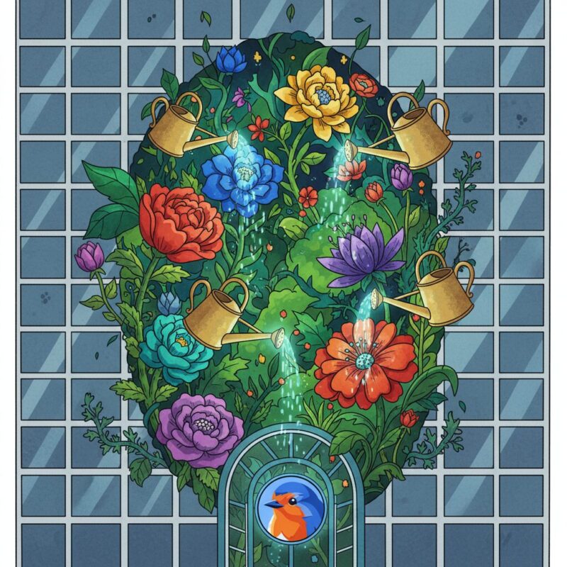 Magical watering cans tending to specific flowers in an indoor office garden