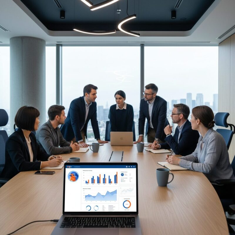 Modern laptop displaying charity data dashboard during a trustee board meeting