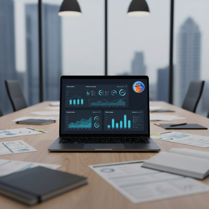 Modern laptop displaying organized financial dashboards on a professional conference table