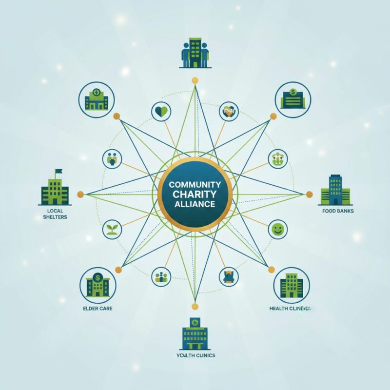 Network diagram illustrating a local community foundation connecting various regional charity partners