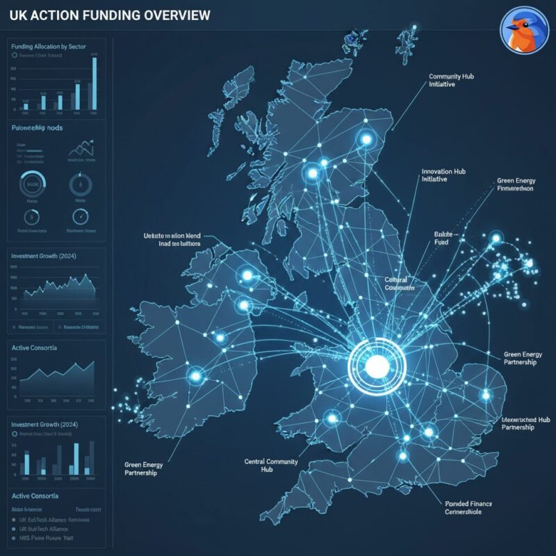 Network diagram illustrating interconnected partnership nodes across the UK for multi-entity grant consortiums