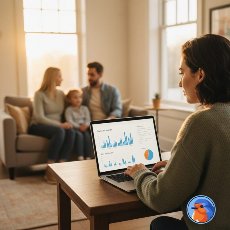 Nonprofit advocate using a laptop to find family action charity grants