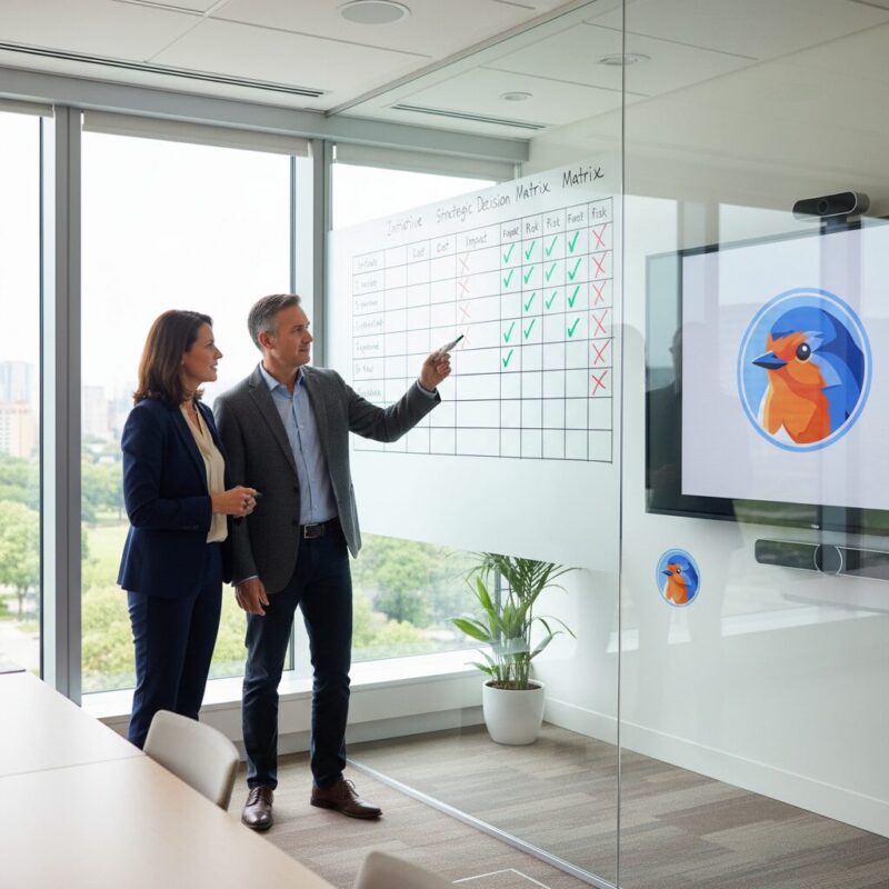 Nonprofit executives analyzing a strategic grant decision matrix on a glass whiteboard