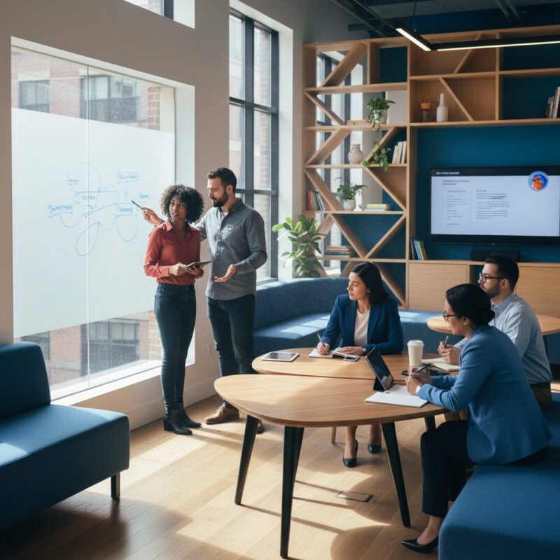 Nonprofit professionals discussing recruitment strategy in a modern workspace