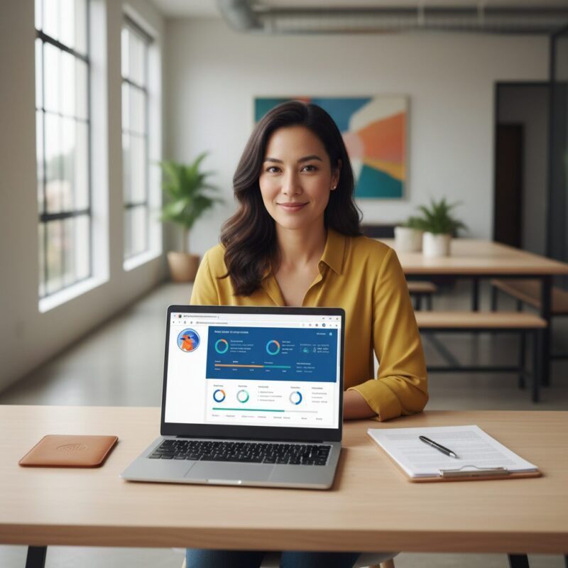 Nonprofit program director using a streamlined digital grant management dashboard at a modern desk