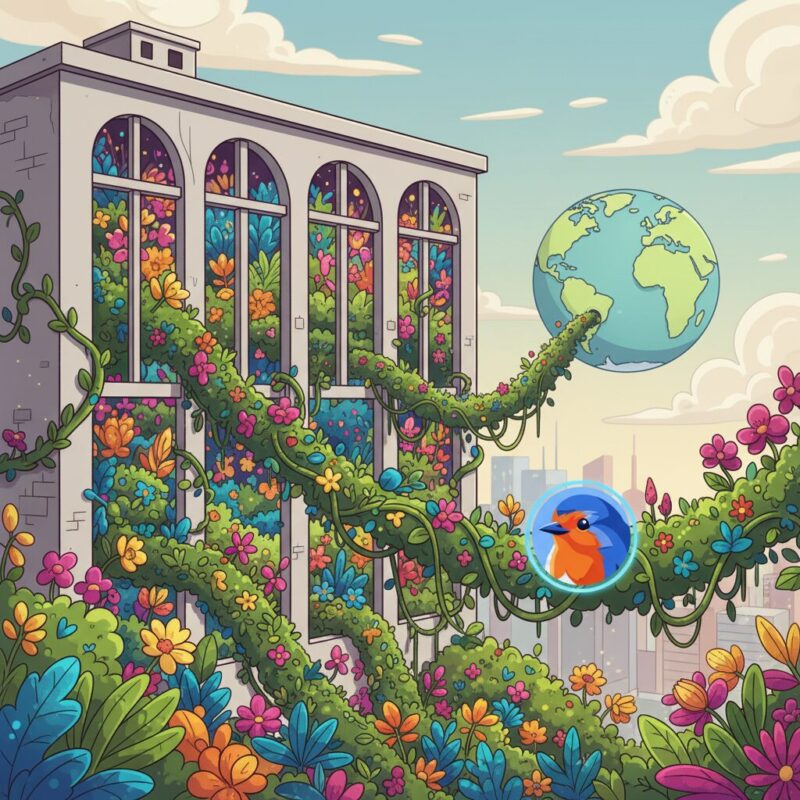 Office building garden with vines extending across a map of the world