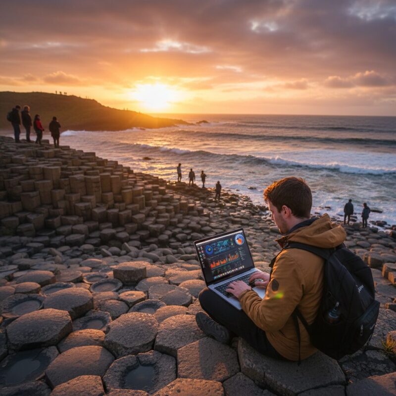 Professional analyzing data on a laptop with the Giant's Causeway in the background