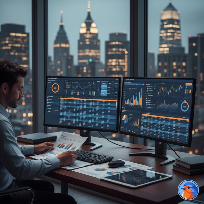 Professional analyzing financial tipping point data on dual monitors