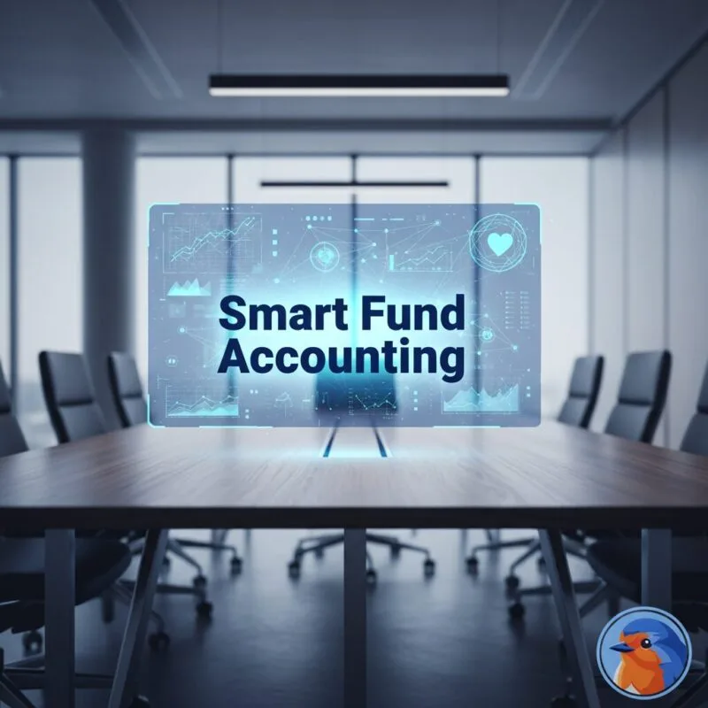 Smart Fund Accounting featured image showing holographic financial data over a modern conference table