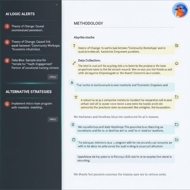 Software interface highlighting a methodology section with AI logic gap alerts