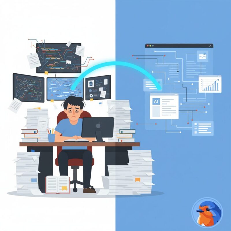 Split screen showing a stressed grant writer versus an organized AI interface connected by light