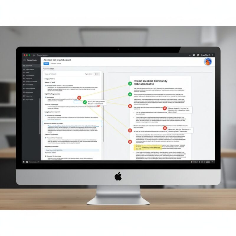 Split-screen software interface comparing RFP requirements against a grant proposal draft