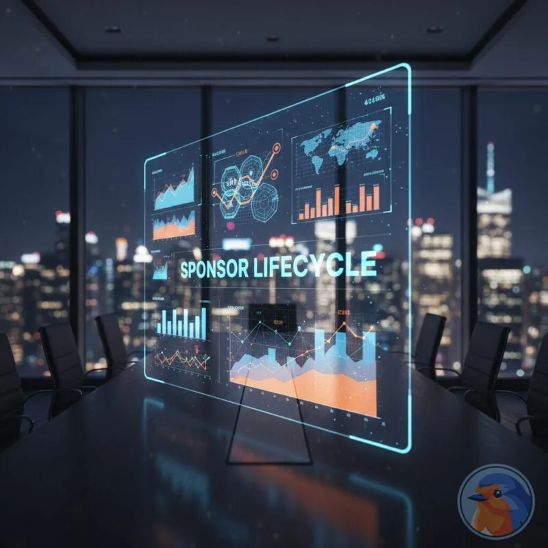 Sponsor Lifecycle featured image showing a modern boardroom with glowing holographic growth charts