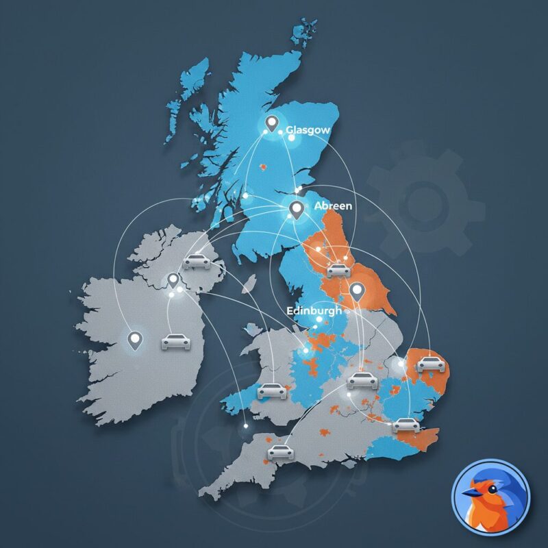 Stylized map of the UK showing digital connections between charities and Arnold Clark hubs