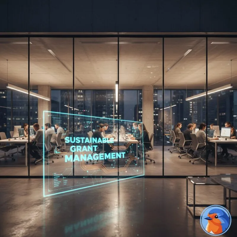 Sustainable Grant Management featured image with glowing holographic data streams in a modern office