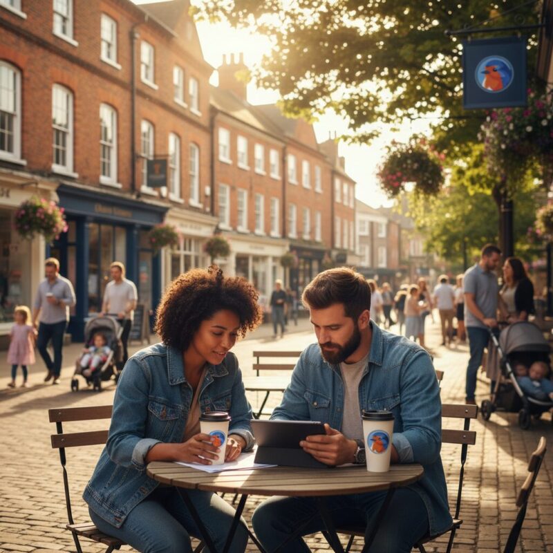 Two charity workers collaborating on a joint proposal at a cafe in a Berkshire town center