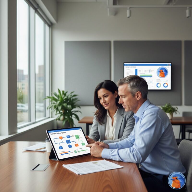 Two nonprofit directors collaborating on a unified funding pipeline via digital tablet